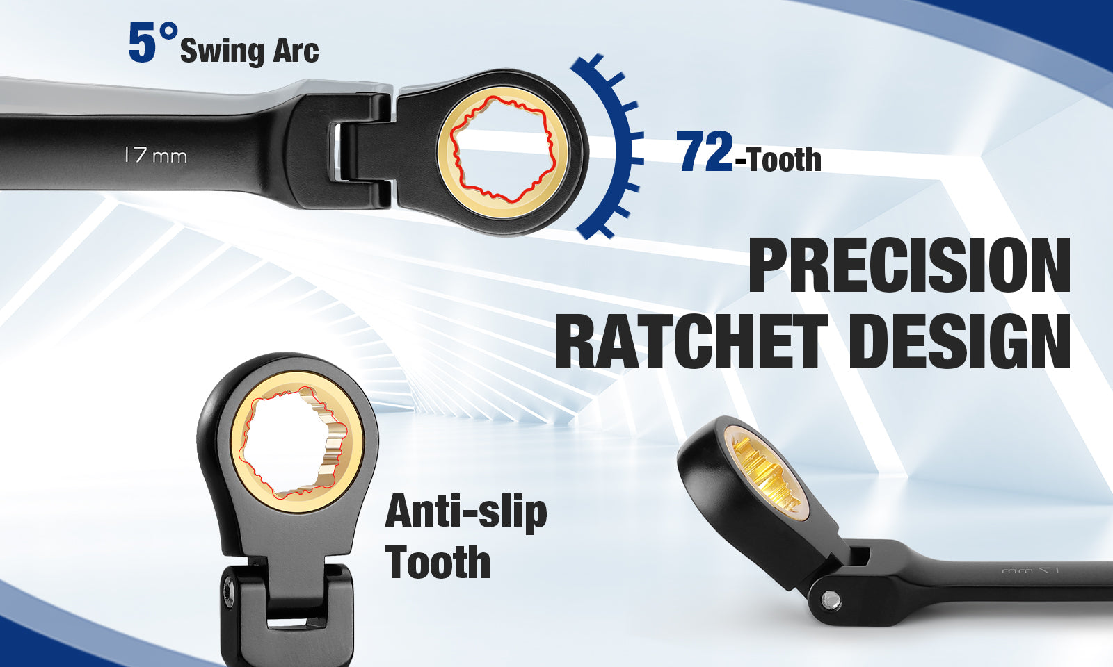 Adjustable wrench with 5 degree swing arc, 17 mm, anti slip tooth, precision and secure innovation design