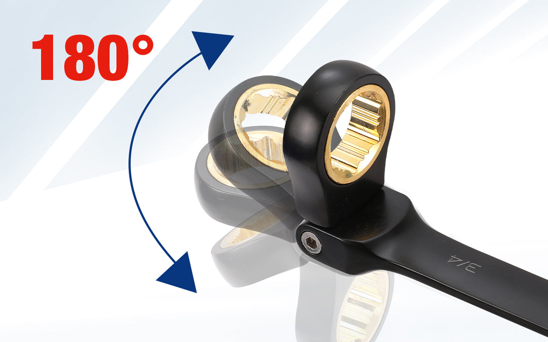Adjustable wrench head at 80 degree angle, showing innovation and quality with secure, durable metal gears