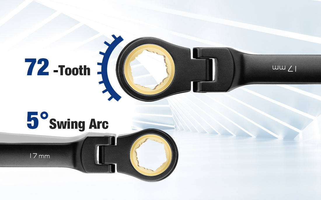 Black ratchet wrench with 72-tooth gear and 5 degree swing arc, showing innovation and quality details