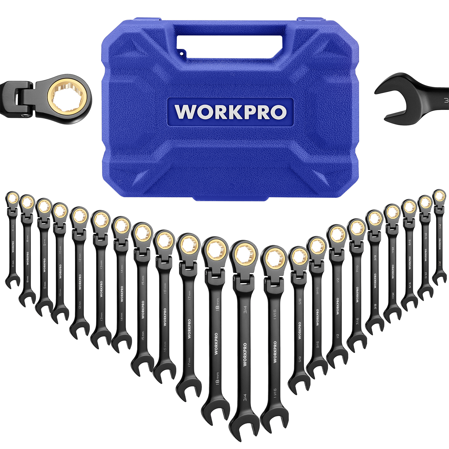 WORKPRO blue organizer case with 22-piece ratcheting combination wrenches, black and gold