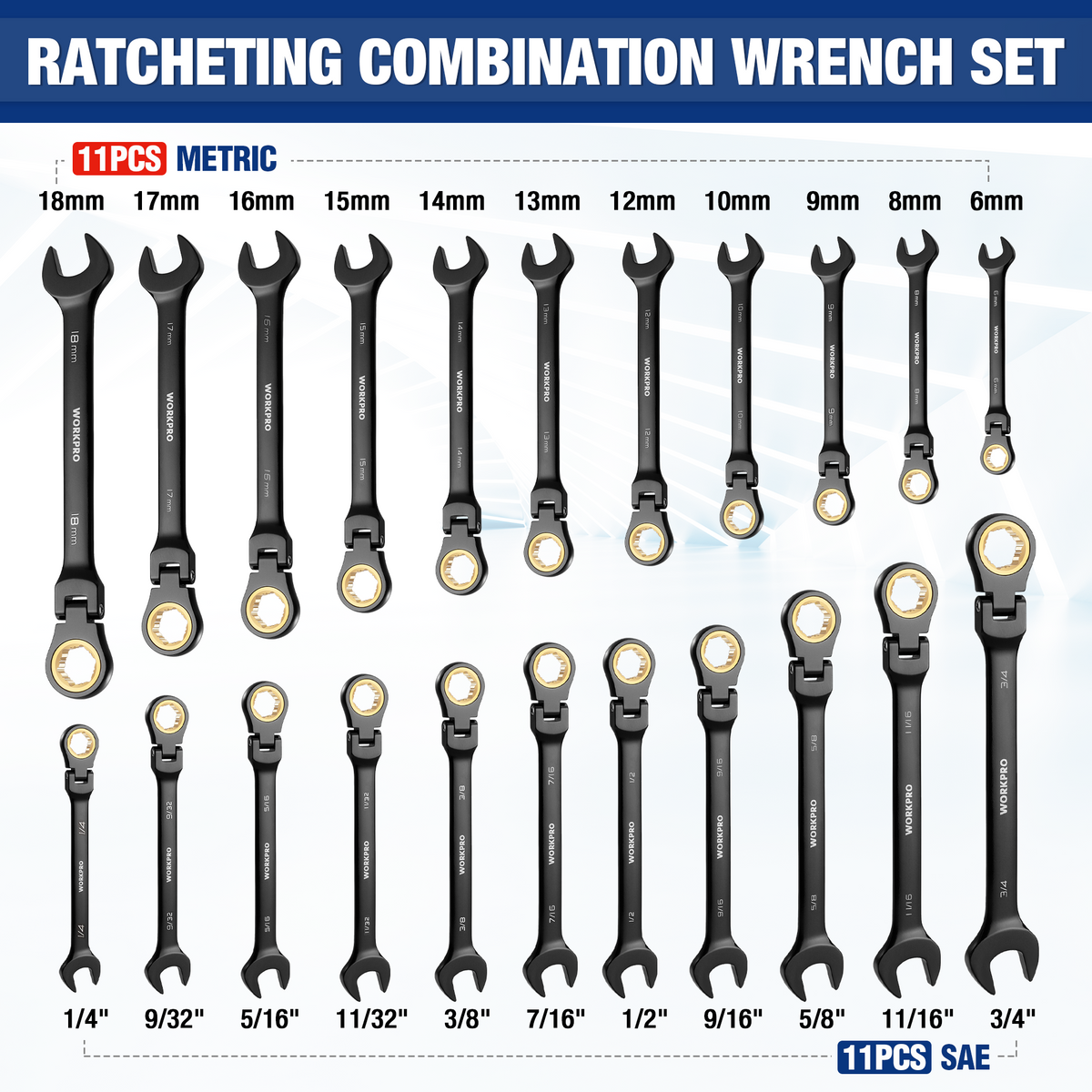 WORKPRO 22-piece Regular/Flex-head Ratcheting Wrench Set