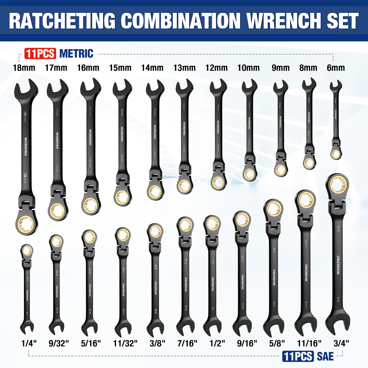 Ratcheting combination wrench set showing metric and SAE sizes, black with gold ends