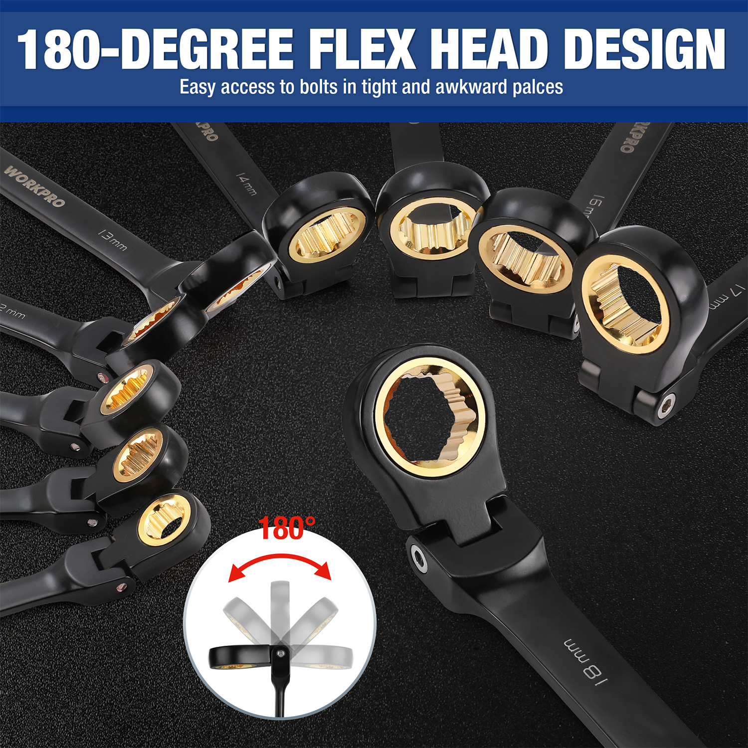 Flex-head ratcheting wrenches with anti-slip teeth, showing multiple sizes