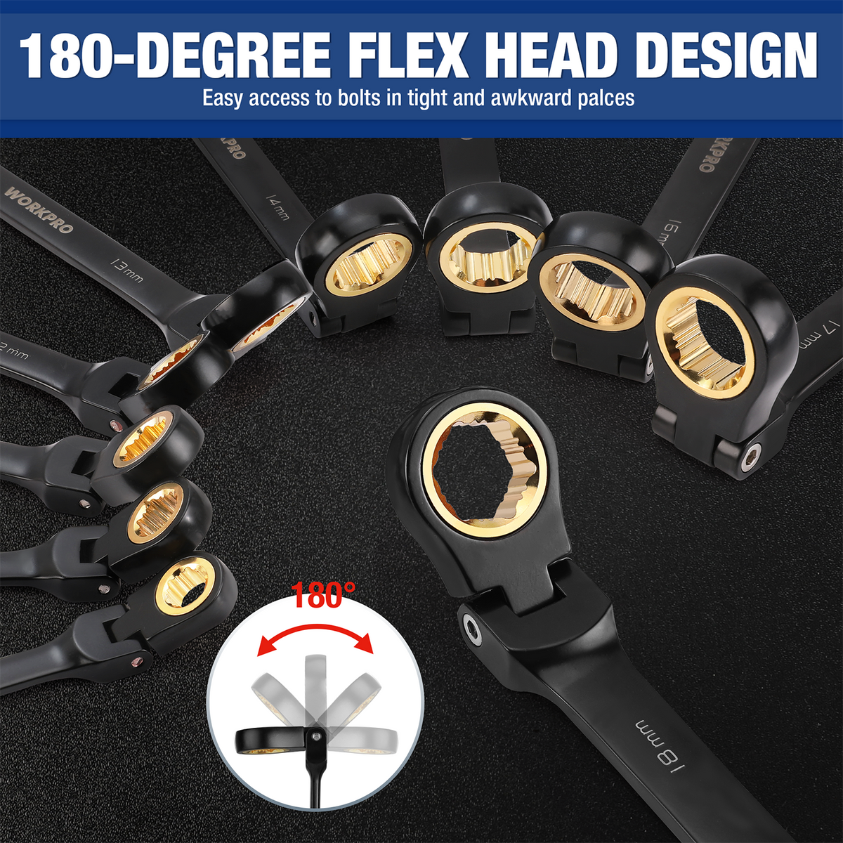 WORKPRO 22-piece Regular/Flex-head Ratcheting Wrench Set Anti-Slip Too