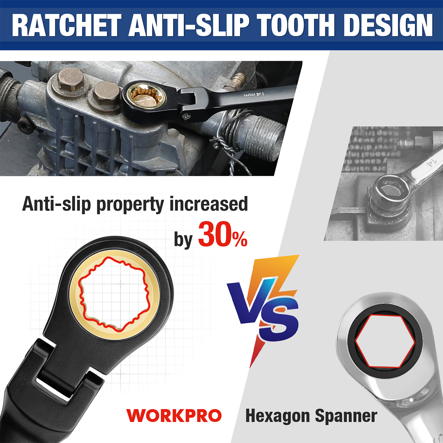 Black ratcheting wrench with anti-slip tooth gripping a hex fastener
