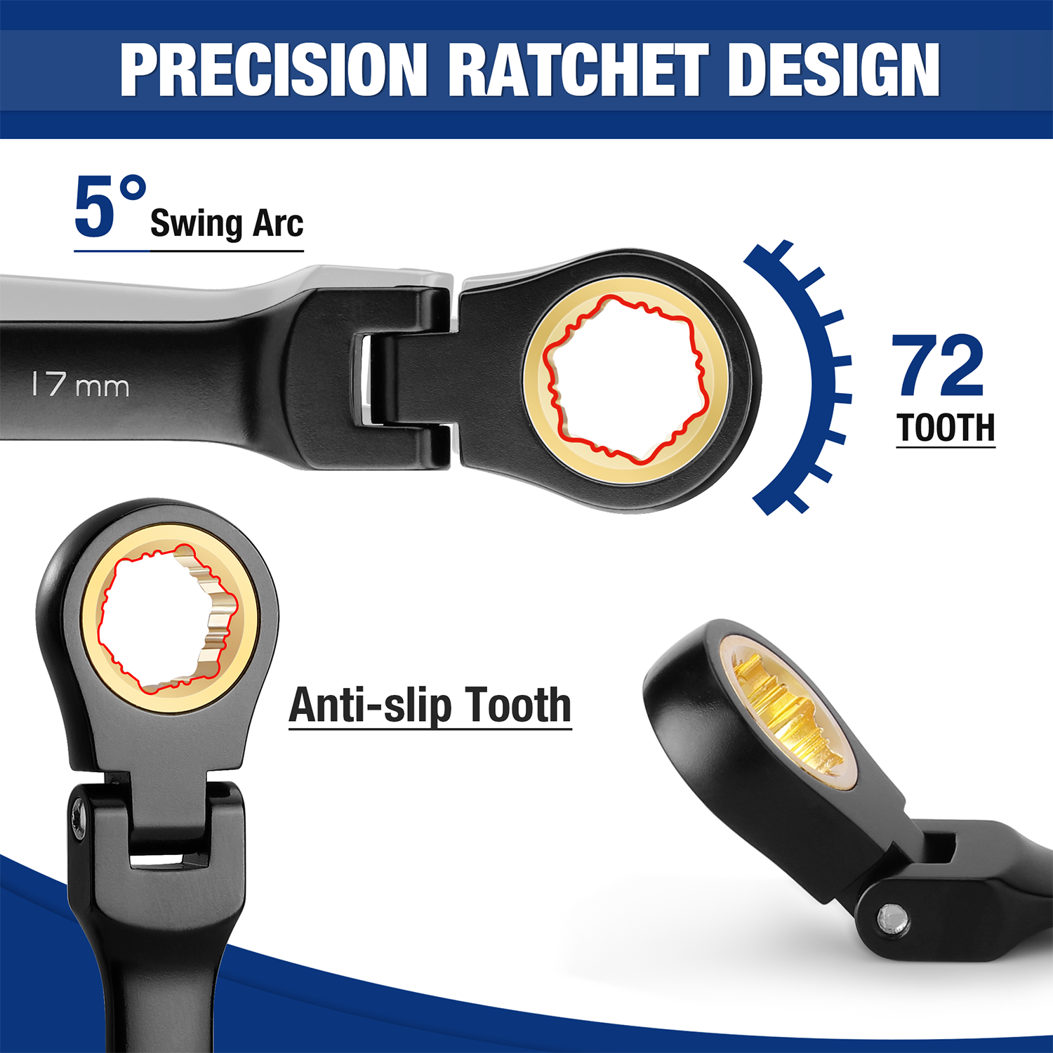 Black flex-head ratchet wrench, 5° swing arc and 72-tooth anti-slip tooth