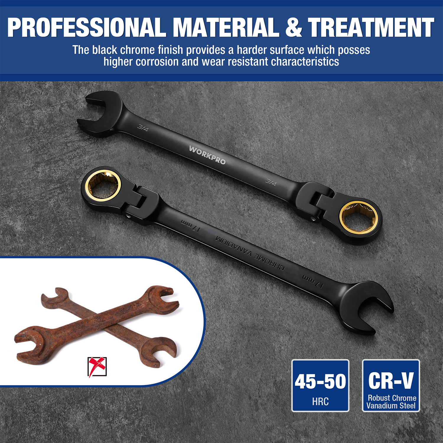 Black-finish flex-head ratcheting wrenches with anti-slip tooth drive