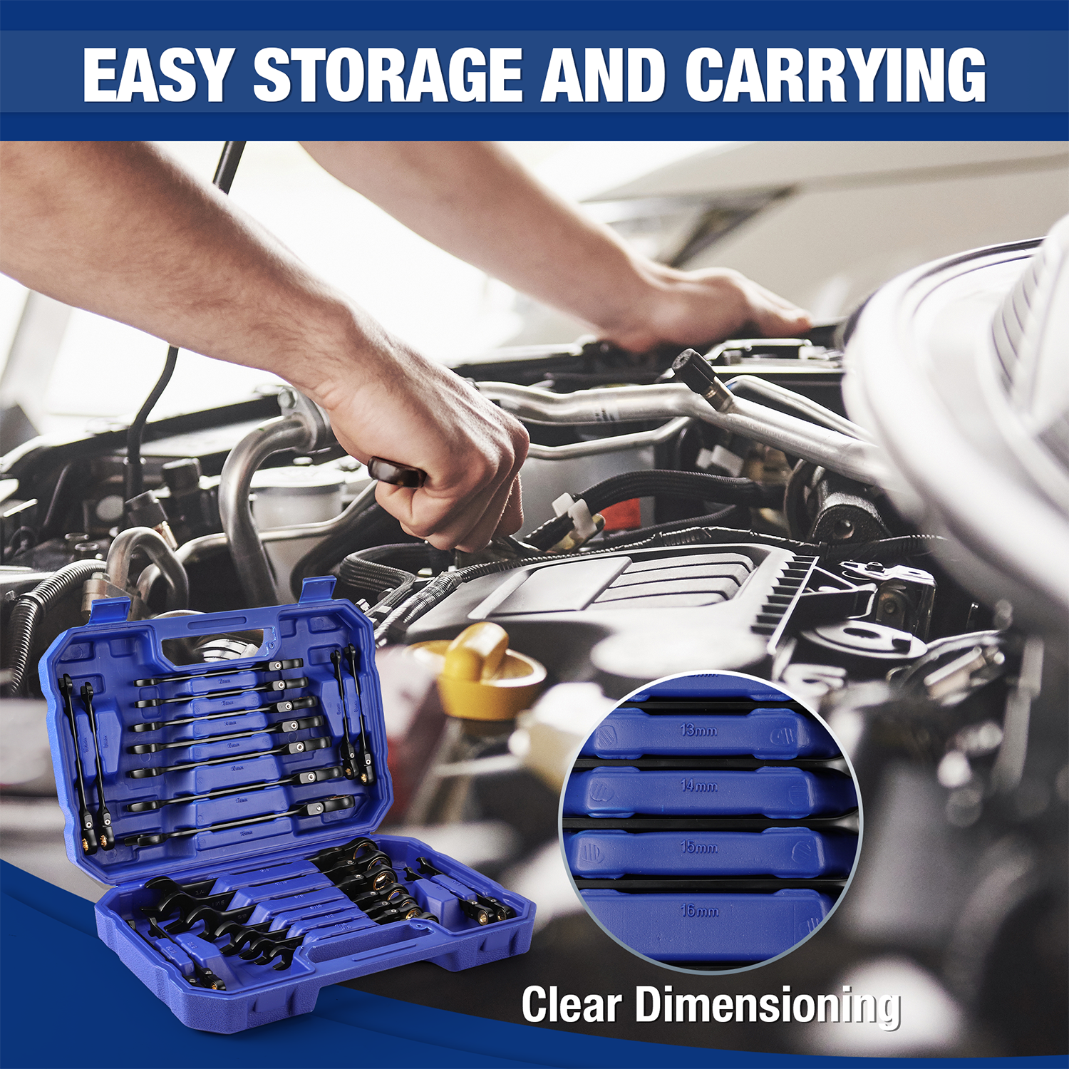 Blue organizer case with flex-head ratcheting wrenches for easy storage