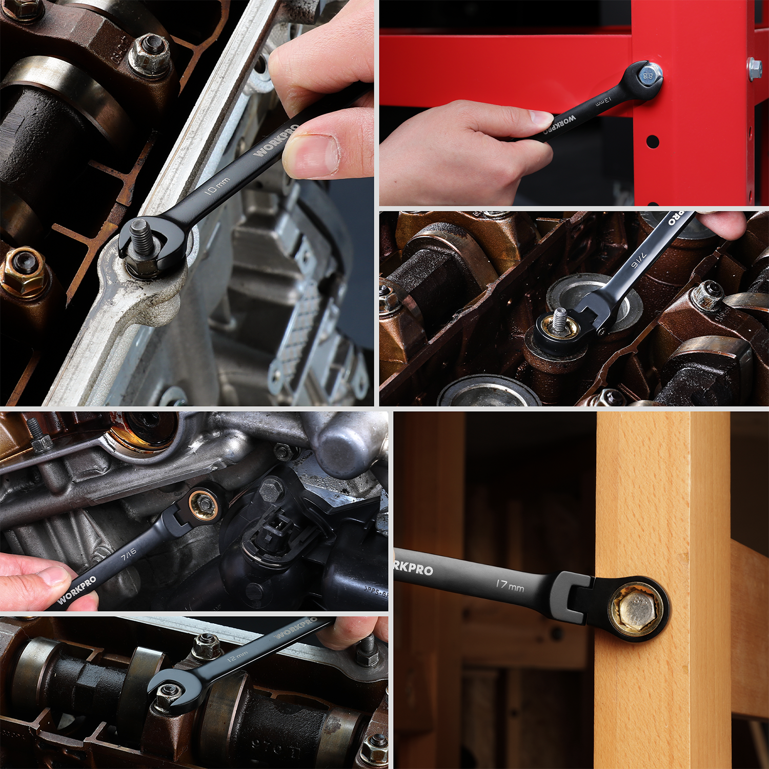 Flex-head ratcheting wrench tightening a fastener in a tight area
