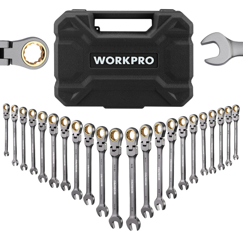 WORKPRO 22-Piece Regular/Flex-Head Ratcheting Wrench Set with Organizer Box, 72 Teeth, Metric 6-18mm & SAE 1/4-3/4"