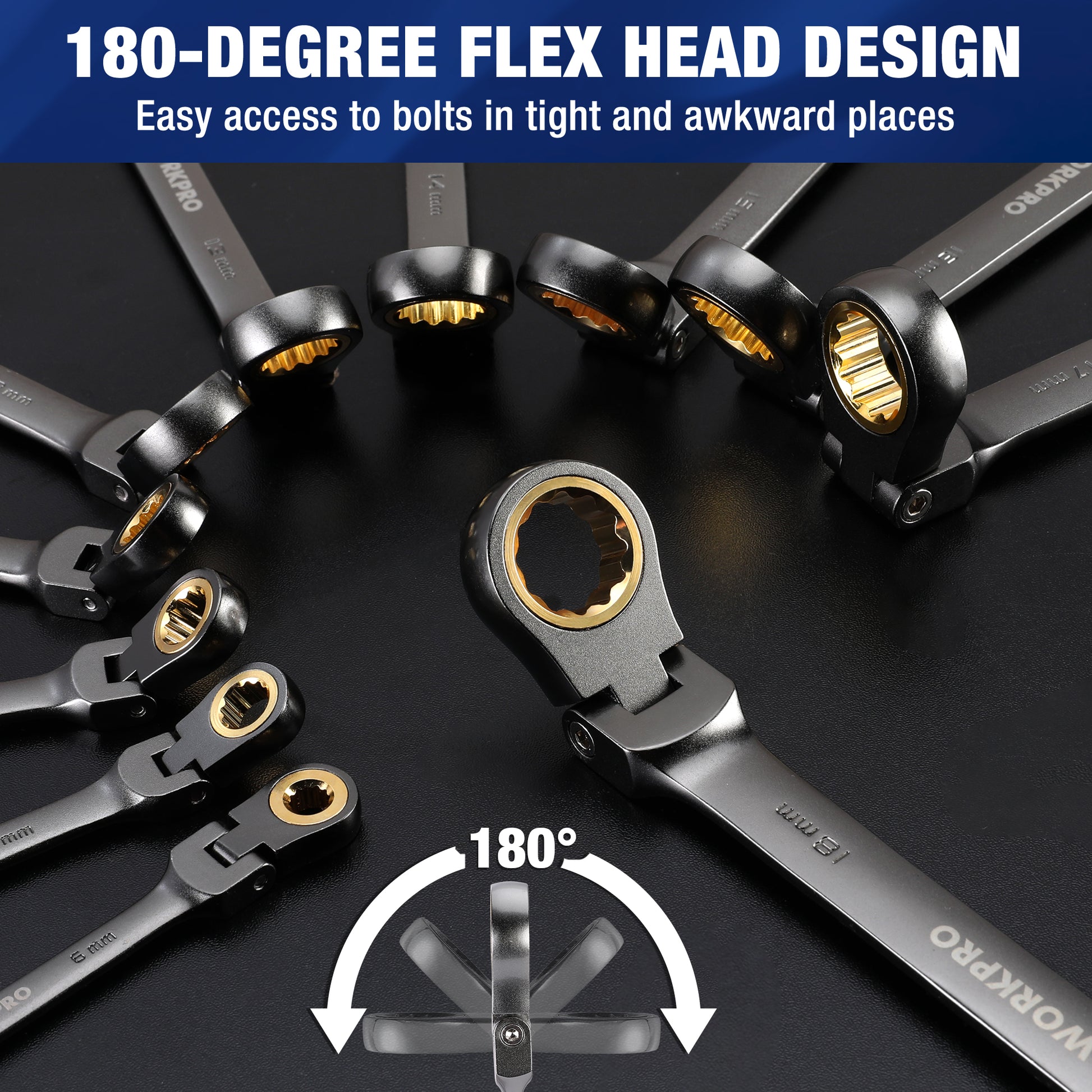 Flex-head ratcheting wrench with 180-degree pivot for tight, angled bolt access