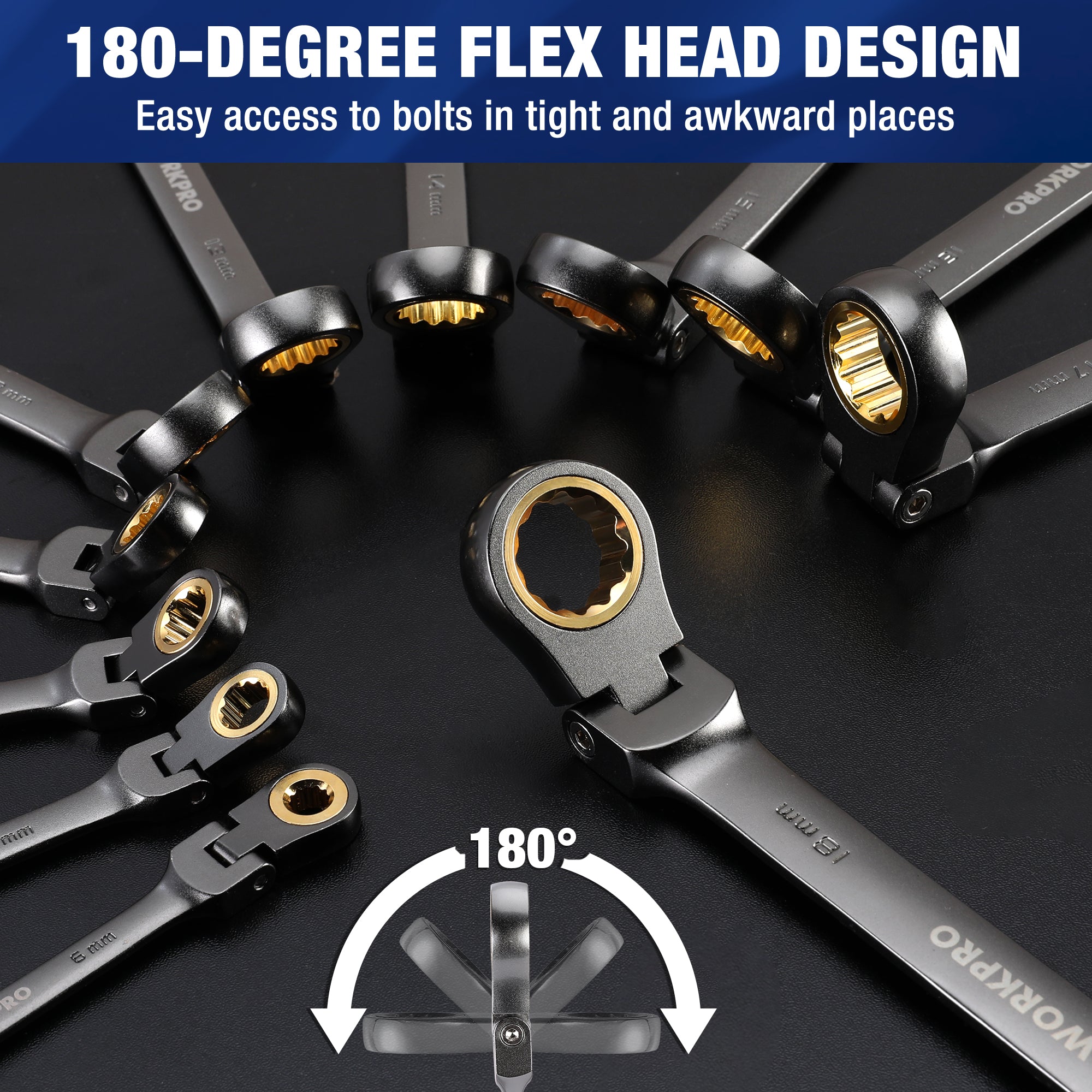Flex-head ratcheting wrench with 180-degree pivot for tight, angled bolt access