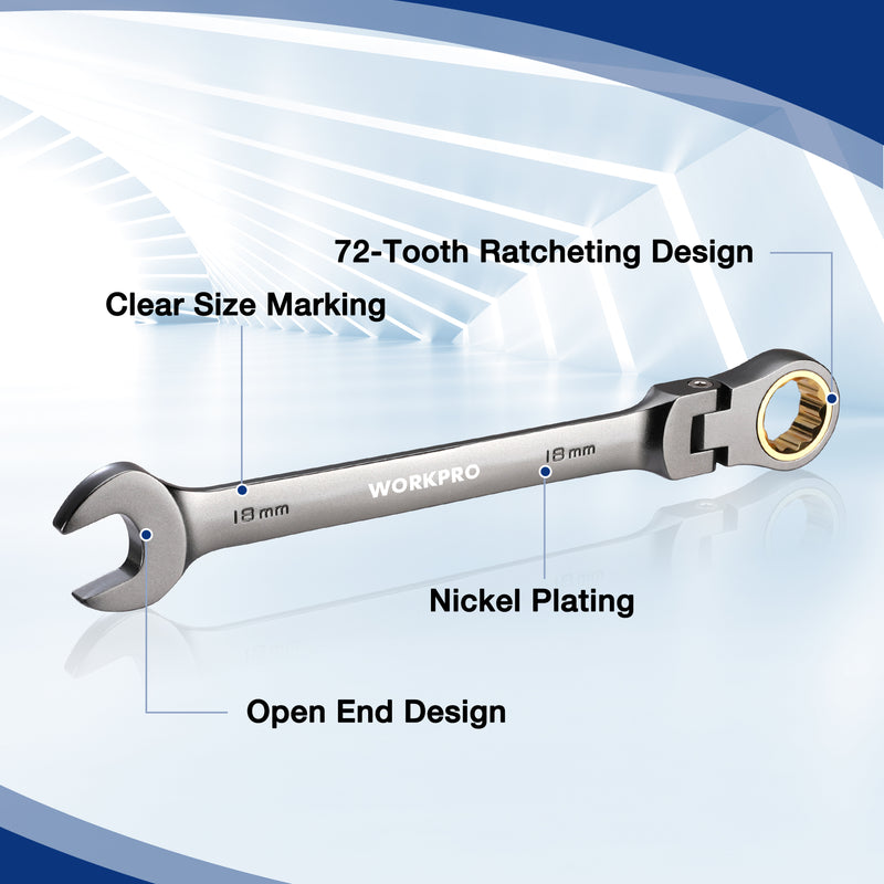 WORKPRO 22-Piece Regular/Flex-Head Ratcheting Wrench Set with Organizer Box, 72 Teeth, Metric 6-18mm & SAE 1/4-3/4"