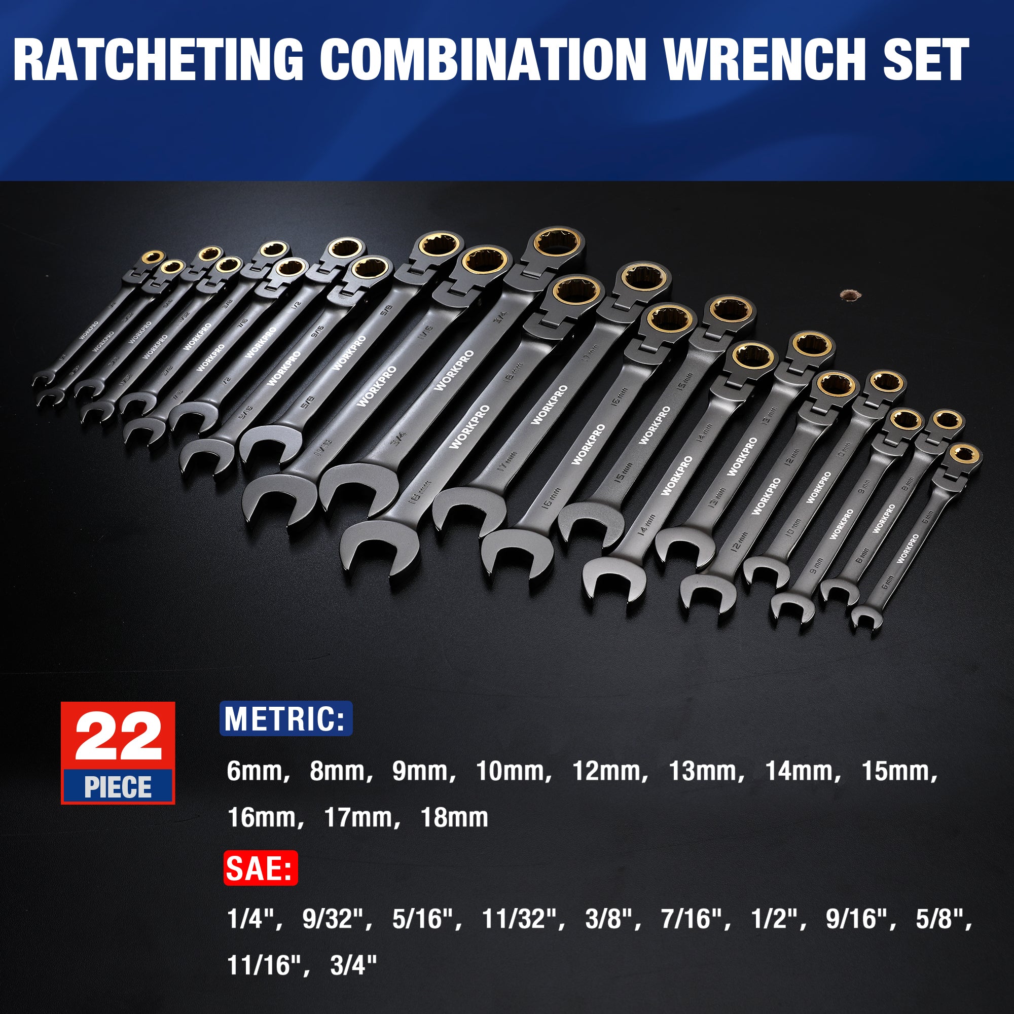 Ratcheting combination wrench set laid out in rows, metric and SAE box-end sizes