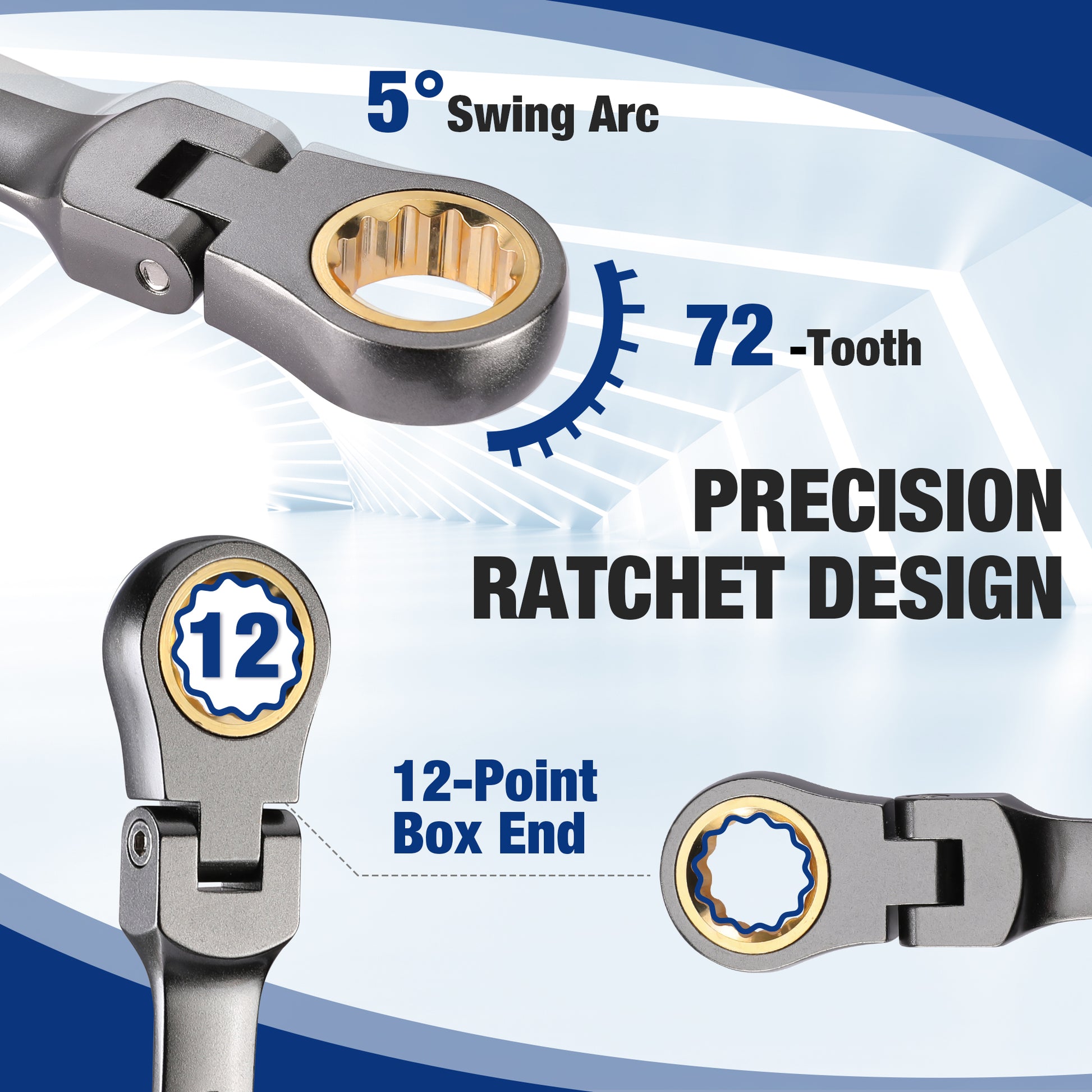 Ratcheting combination box-end wrench head with 12-point drive and gold internal ring