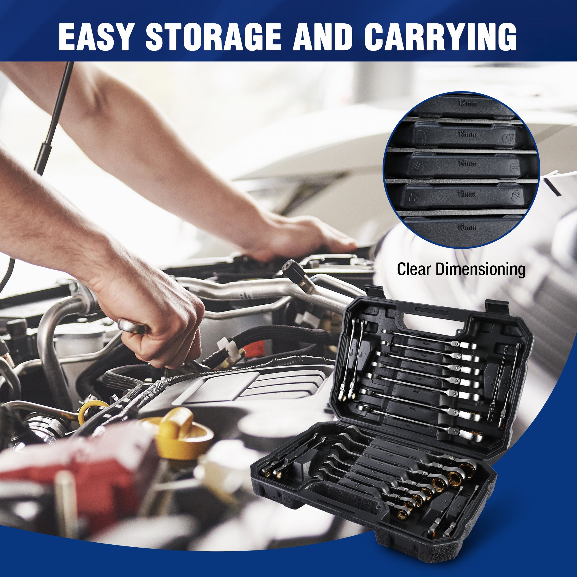 Open organizer case holding ratcheting wrench set with multiple metric and SAE sizes