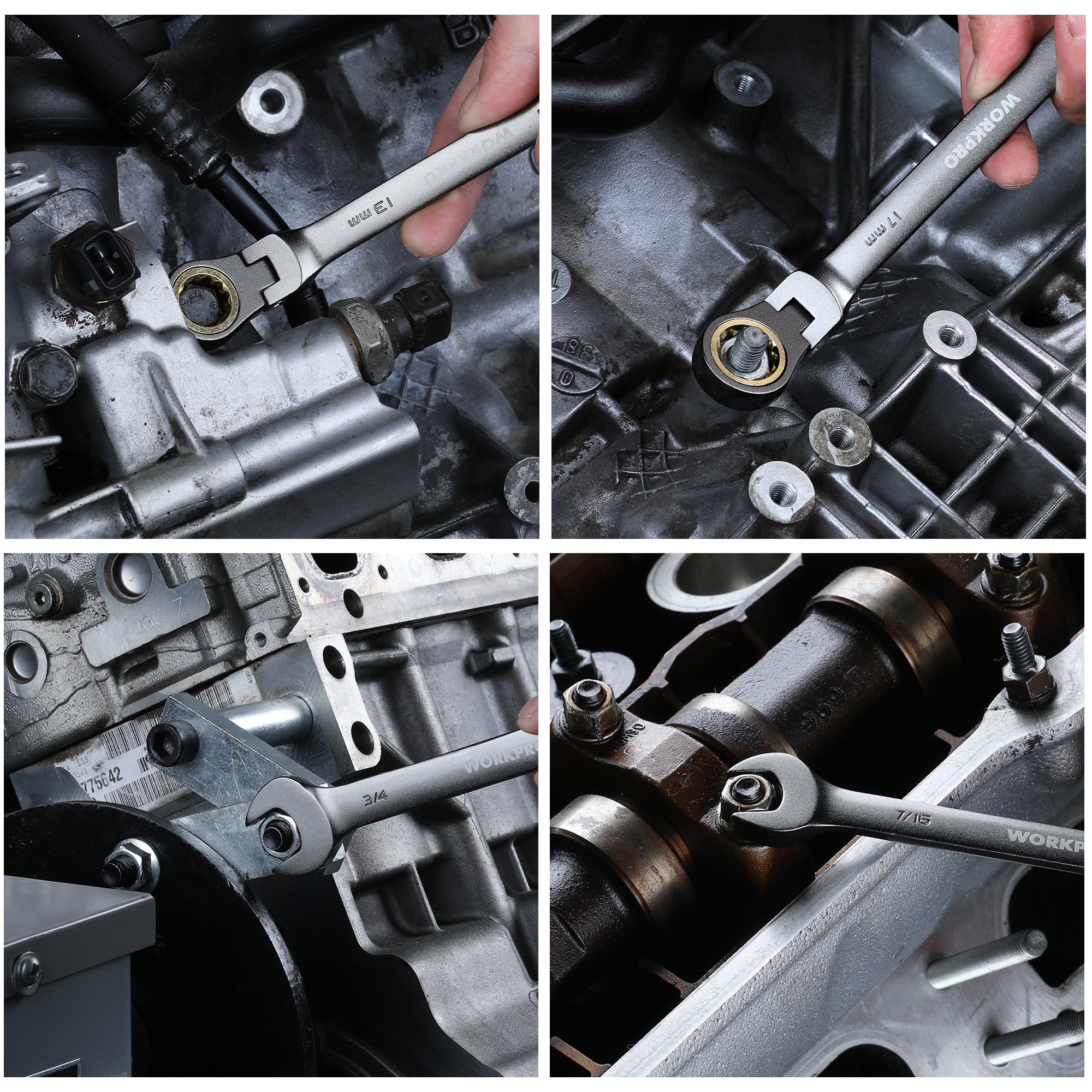 Ratcheting wrench set used on engine bolts with gold-bushed box ends