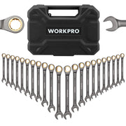 Ratcheting wrench set with organizer box, metric and SAE open-end wrenches