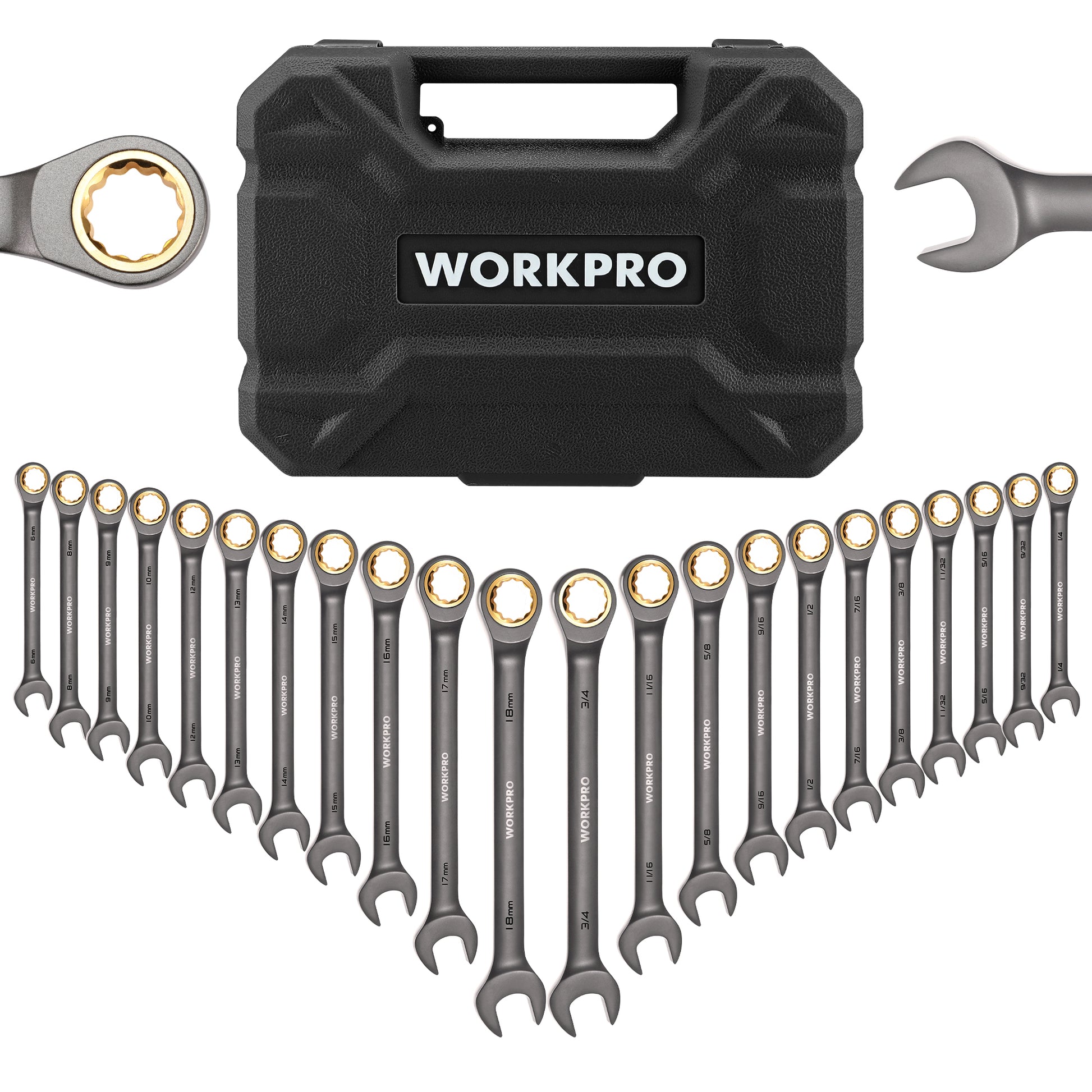 Ratcheting wrench set with organizer box, metric and SAE open-end wrenches