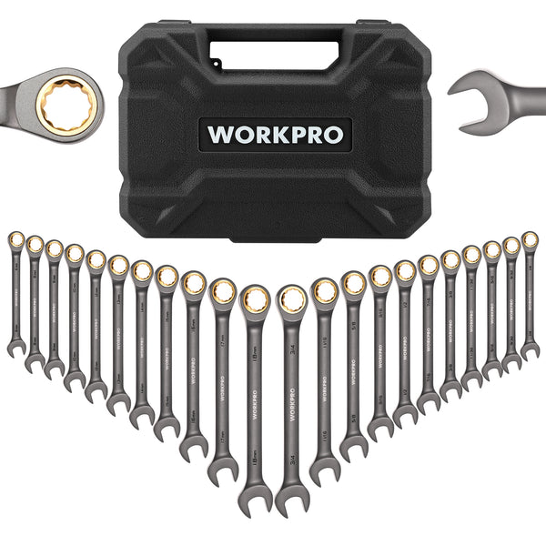 WORKPRO 22-Piece Regular/Flex-Head Ratcheting Wrench Set with Organizer Box, 72 Teeth, Metric 6-18mm & SAE 1/4-3/4"