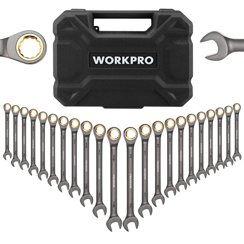 WORKPRO 22-Piece Regular/Flex-Head Ratcheting Wrench Set with Organizer Box, 72 Teeth, Metric 6-18mm & SAE 1/4-3/4"