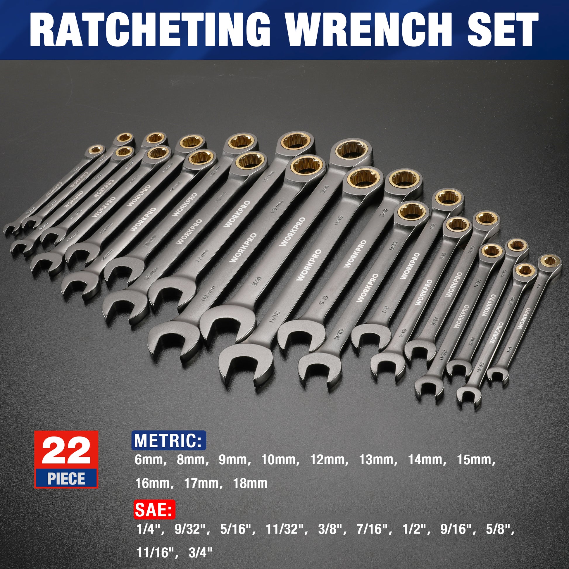 Ratcheting wrench set with chrome finish, open-end wrenches and gold-toned heads