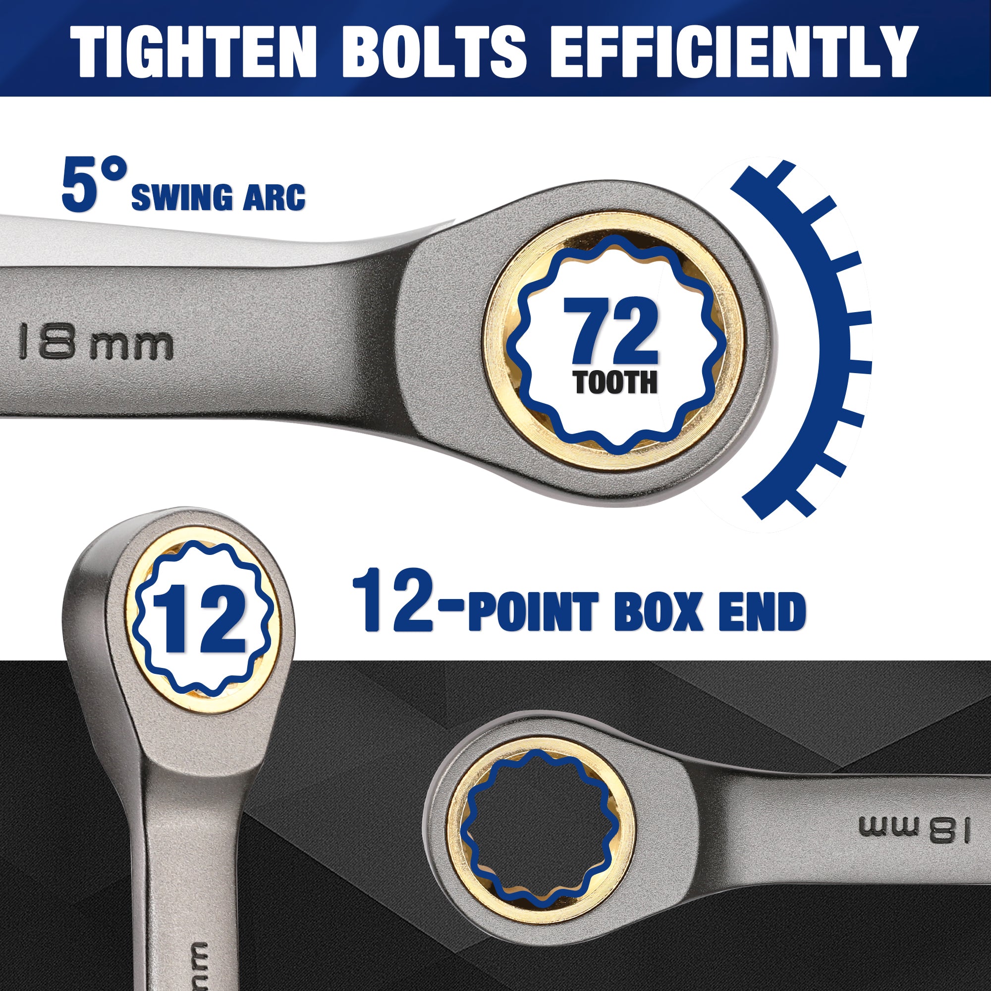 Ratcheting box-end wrench with 72-tooth ratchet and 12-point box drive