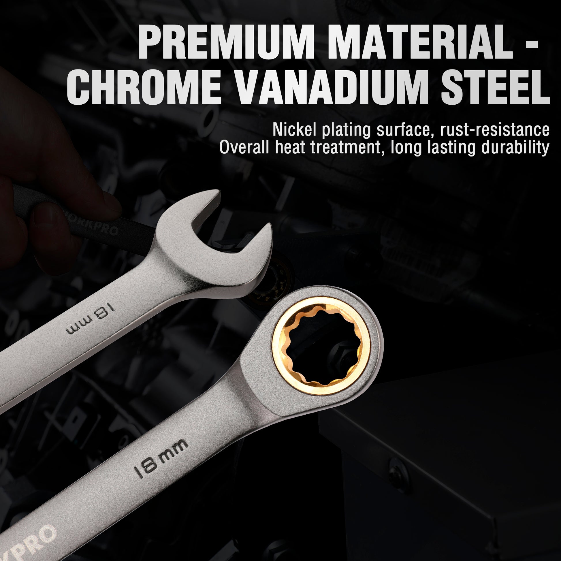Chrome vanadium steel ratcheting wrench with gold-toned 12-point drive head, 18 mm