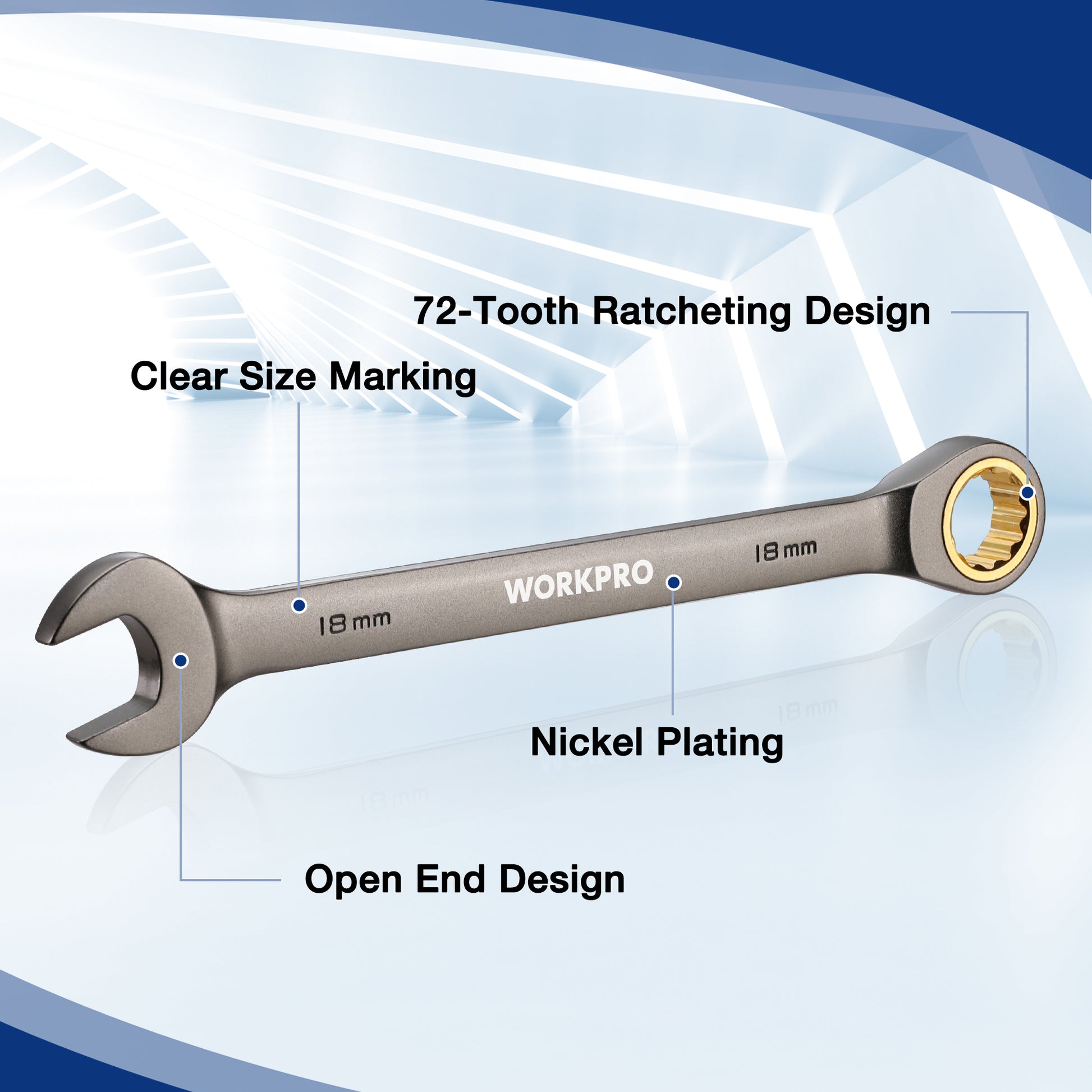72-tooth ratcheting open-end wrench with clear size marking and nickel plating