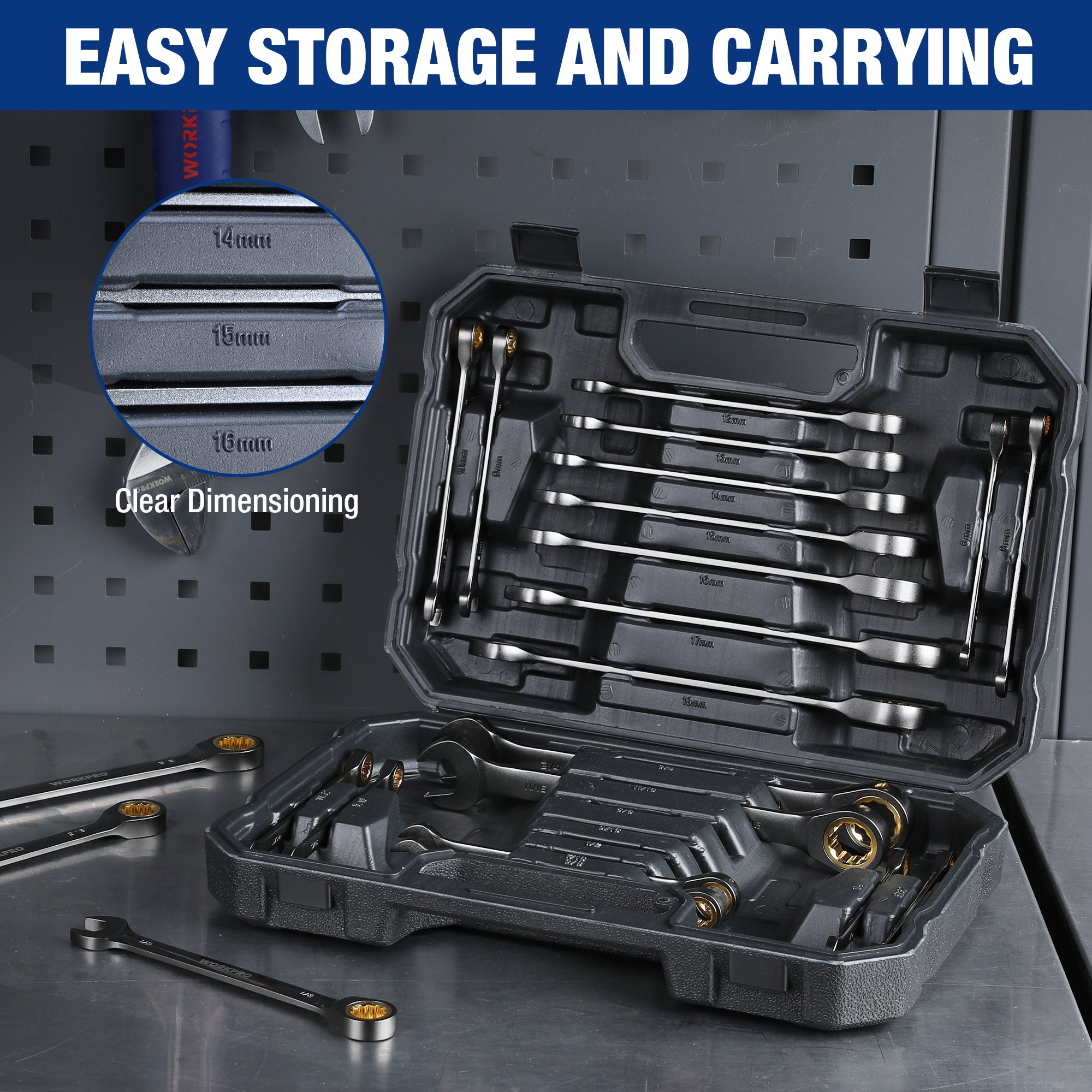 Ratcheting wrench set organizer case with wrenches arranged in molded trays