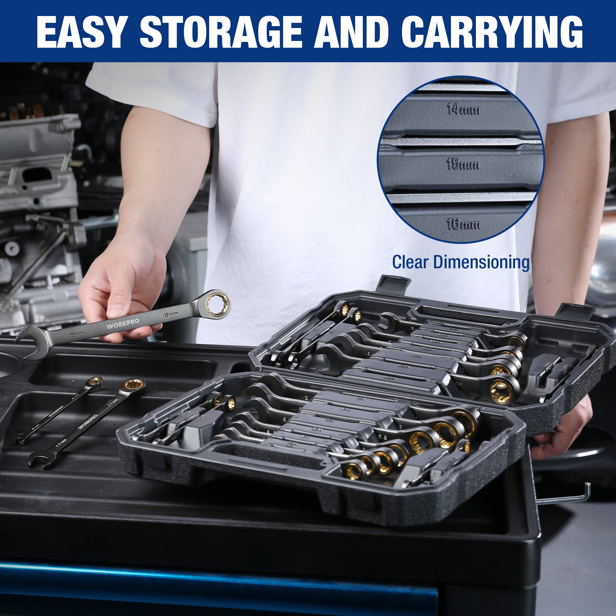 Ratcheting wrench set in black organizer case with wrenches in molded compartments