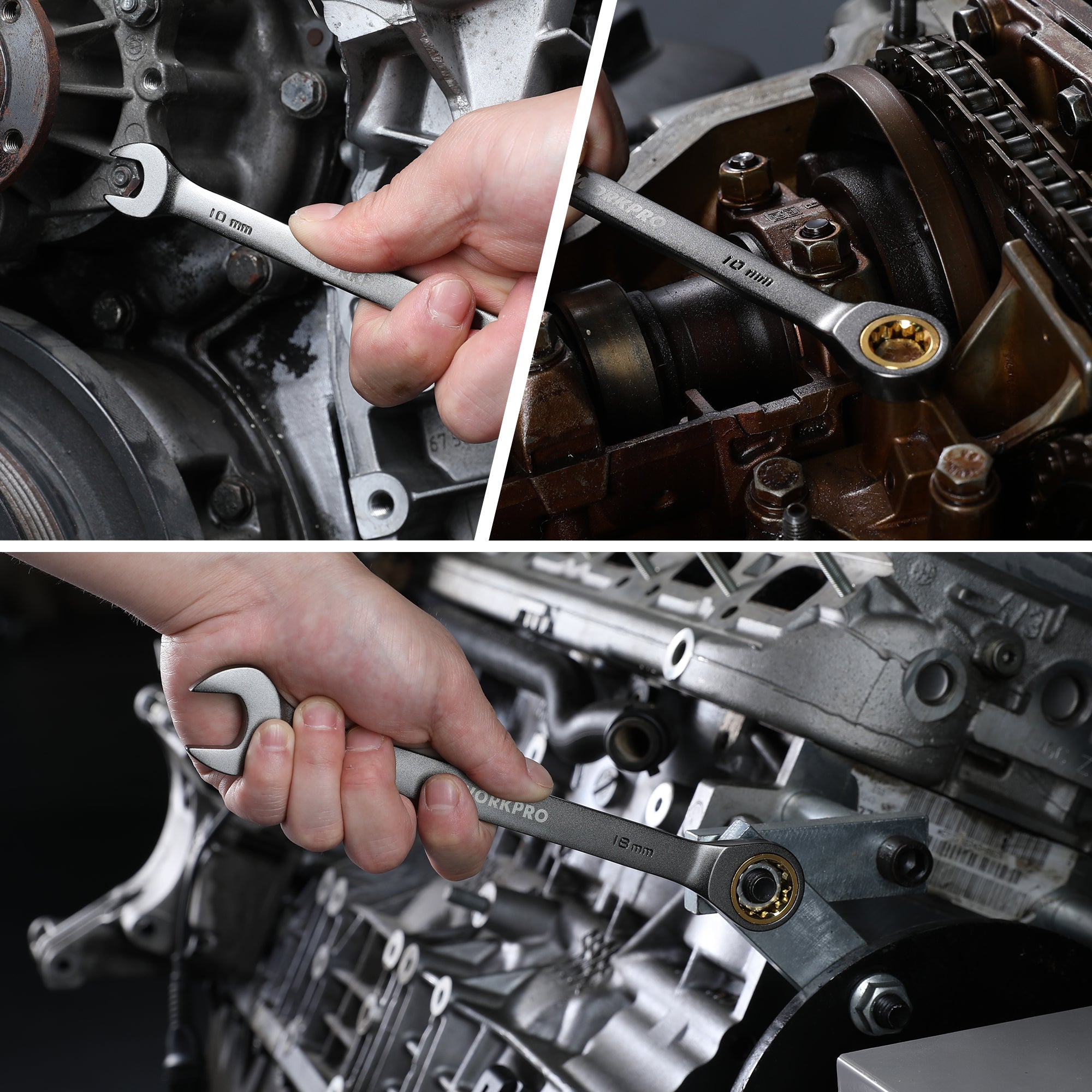 Ratcheting wrench with gold-toned 12-point box end tightening a fitting on equipment