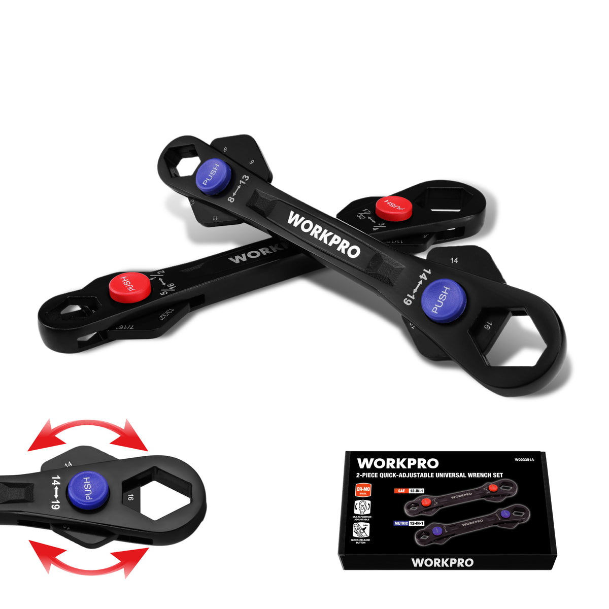 Workpro 2-piece 12-in-1 universal adjustable wrench set in black with dual heads and locking size adjustment