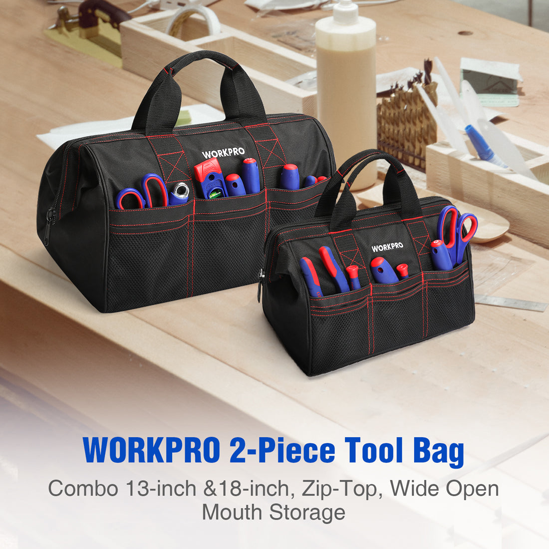 WORKPRO 2 Piece 13 inch 18 inch tool bag set in black with red stitching, durable quality and secure storage