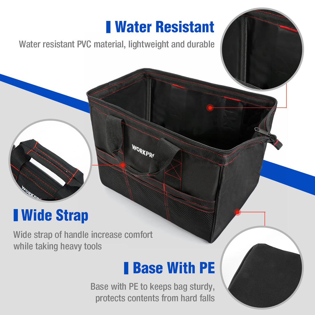 WORKPRO 2 piece wide mouth tool bag set in black with zipper, innovation quality high-quality durable secure