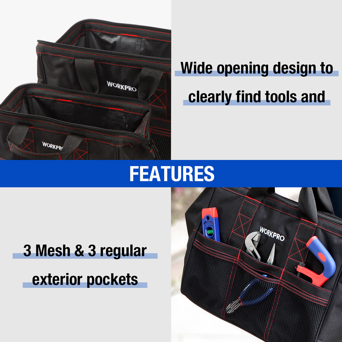 WORKPRO 2 piece tool bag set in black with red stitching, secure zipper top and durable mesh pockets