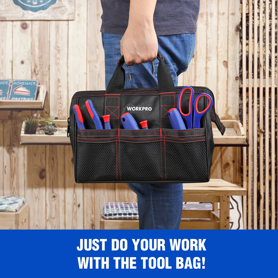 WORKPRO 2 Piece wide mouth tool bag set in black with innovation quality and secure zipper storage