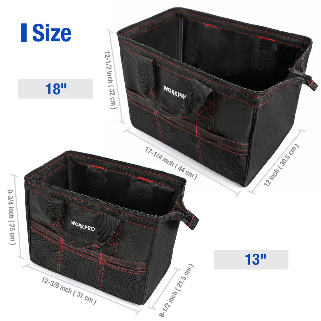 WORKPRO 2 piece tool bag set in black with zipper, innovation quality and durable wide mouth storage