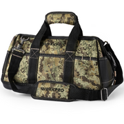 Camouflage tool bag with multiple front panels, webbing handles, and adjustable shoulder strap