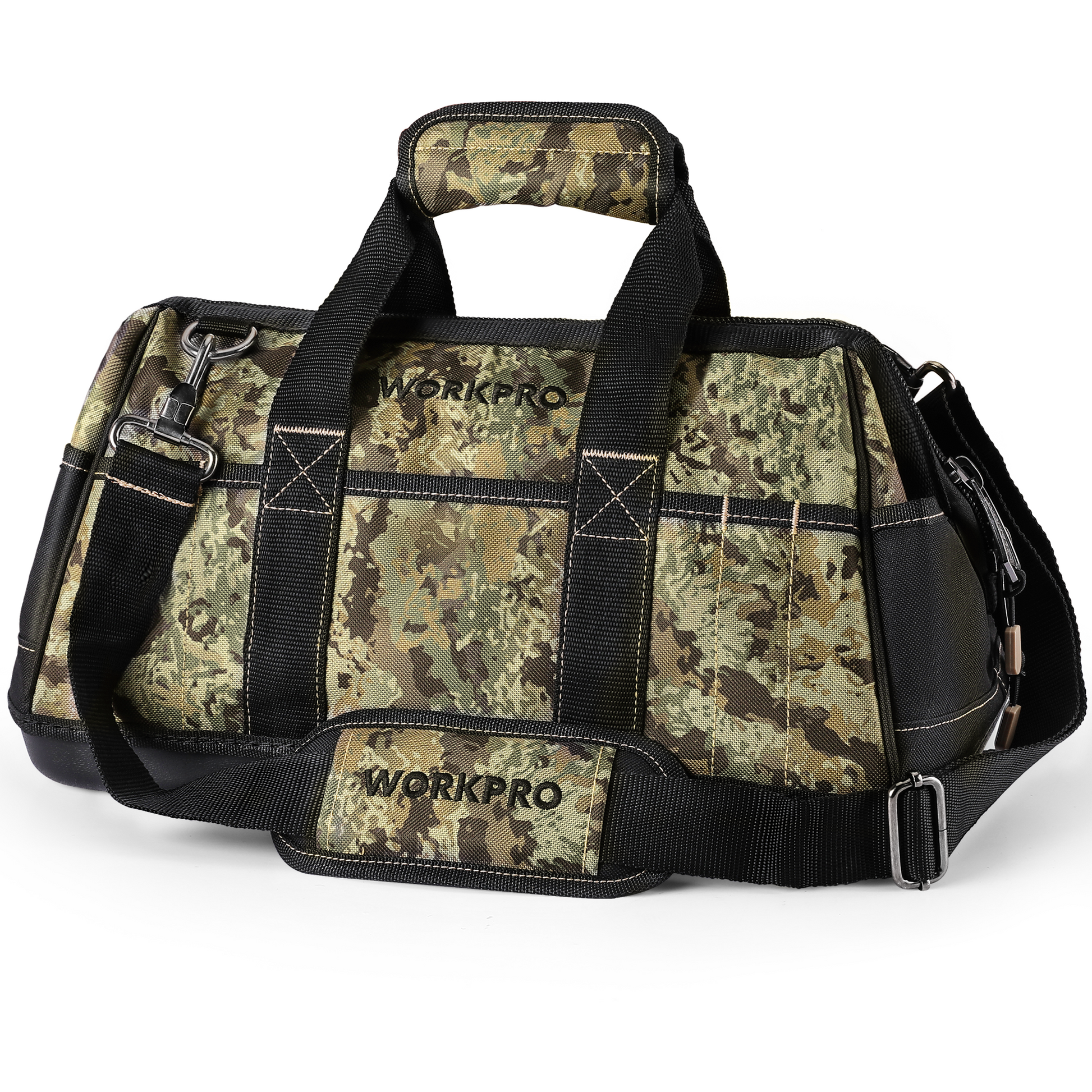 Camouflage tool bag with multiple front panels, webbing handles, and adjustable shoulder strap