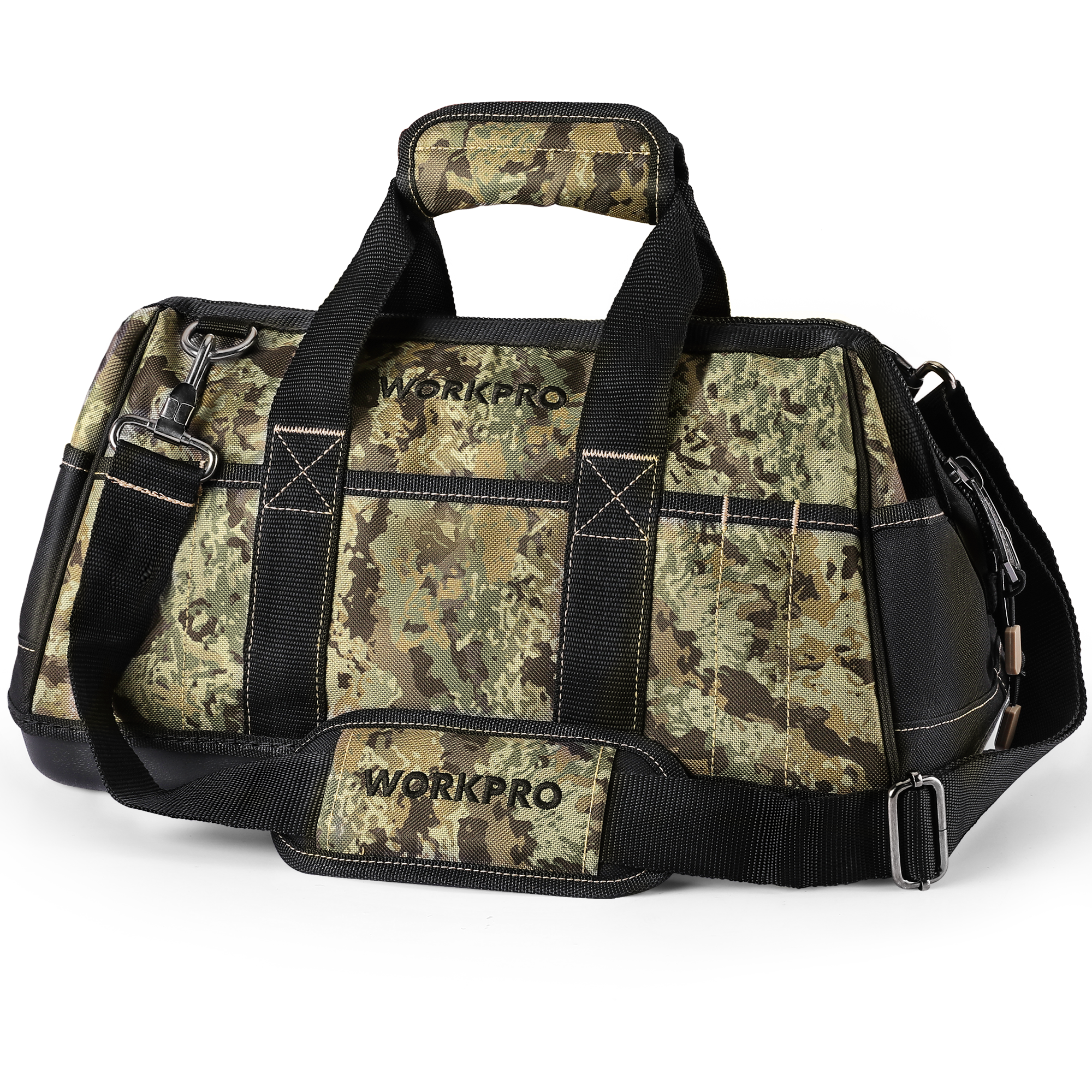 WORKPRO 16-Inch Wide Mouth Tool Bag with Water Proof Molded Base | Multi-Pocket, Heavy Duty Cloth, Adjustable Shoulder Strap, Double-pull Zipper, For Workshops, Outdoor Projects