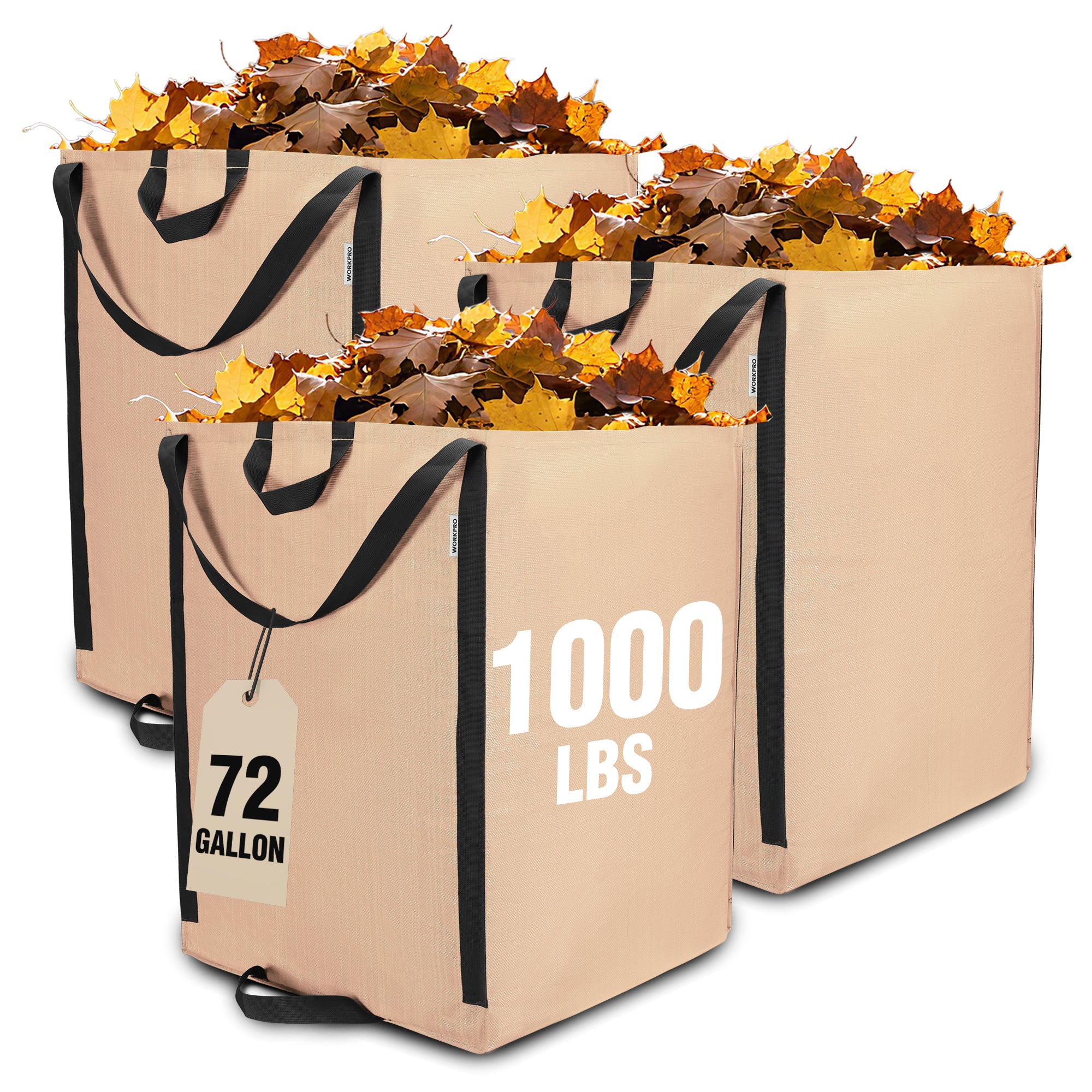WORKPRO Heavy Duty 72-Gallon reusable yard waste bags in light tan with reinforced carry handles, durable quality