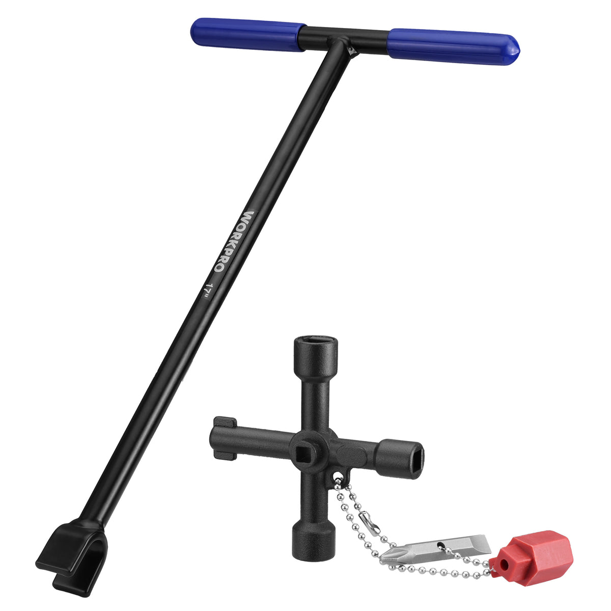 WORKPRO 17" Water Meter Key with 4 Way Utility Key, Heavy Duty Steel Water Shut Off Curb Key with Non-Slip T-Handle, Extended Reach Valve Tool for Outdoor Underground Water Valves
