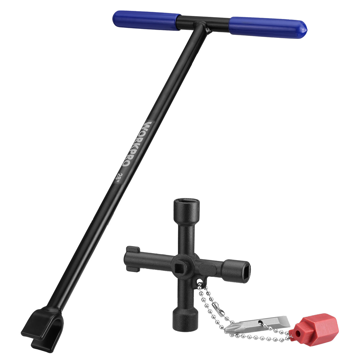 WORKPRO 28" Water Meter Key with 4 Way Utility Key, Heavy Duty Steel Water Shut Off Curb Key with Non-Slip T-Handle, Extended Reach Valve Tool for Outdoor Underground Water Valves