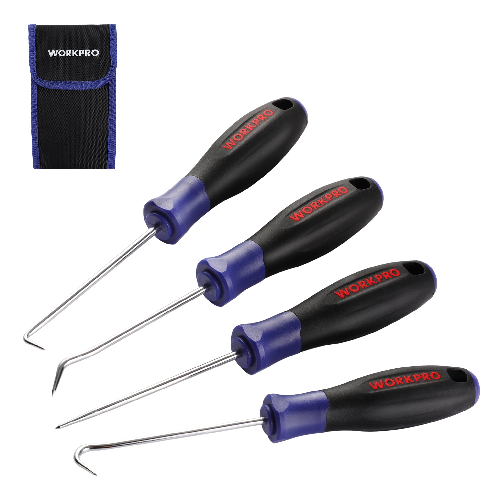 WORKPRO 4-Piece Precision Pick and Hook Set with Pouch, Angled Pick, Straight Pick, 90-degree Pick, Full Hook, Mini Pick Set Mechanic, Remove Small Fuses, Wire Plugs and "O" Rings, Gunsmith Tools