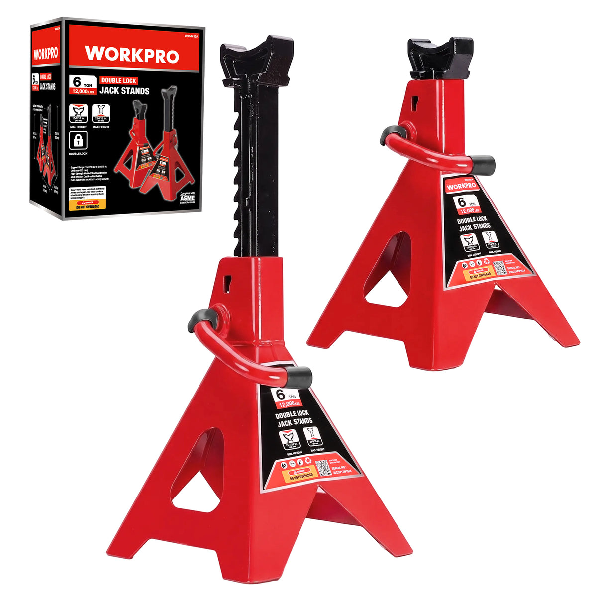 WORKPRO 6 Ton Jack Stands with Double Lock, 12000 LBS Capacity, 1 Pair | Heavy-Duty Premium Steel Construction, Wide Base Stability, Adjustable Lift Height