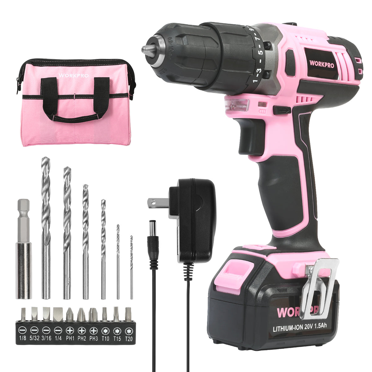 WORKPRO Pink Cordless 20V Lithium-ion Drill Driver Set - Pink Ribbon