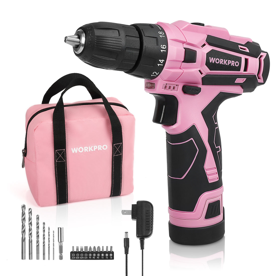 Pink cordless drill driver kit with keyless chuck and storage bag, charger included