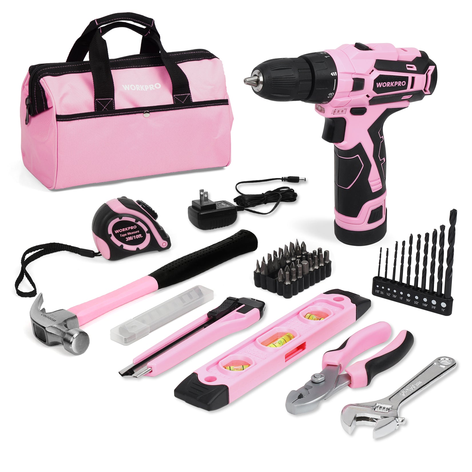 WORKPRO 12V Cordless Drill and Home Tool Kit with 14-inch Storage Bag in pink, innovation quality