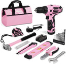 Pink cordless drill and hand tool set with storage bag, bit cases, and wrenches
